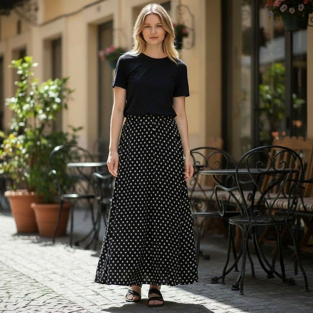 NY Collection Black White Polka Dot Maxi Skirt Elastic Waist Women Size XL